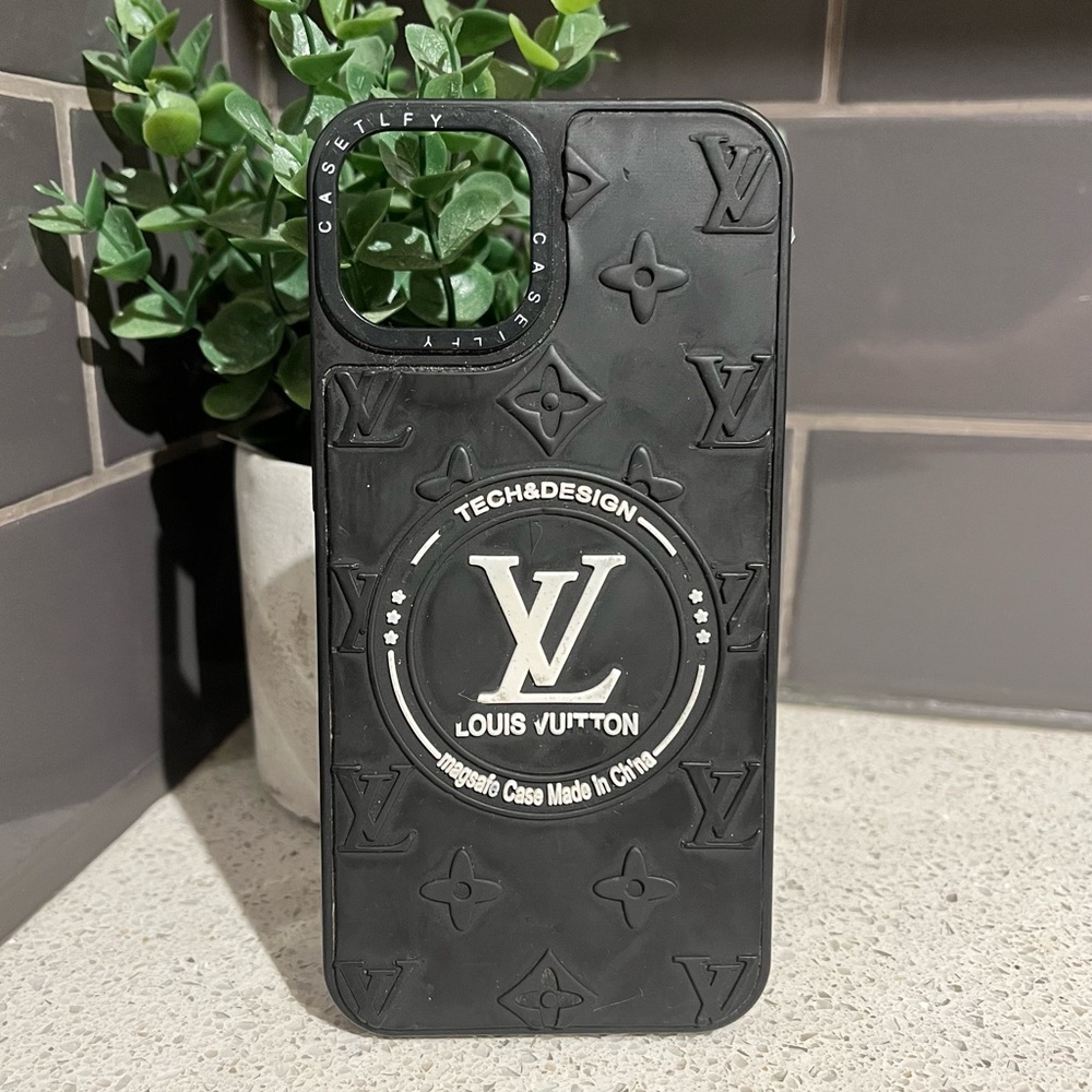 (COPY) Louis Vuitton iPhone 14 Black Embossed Phone Case